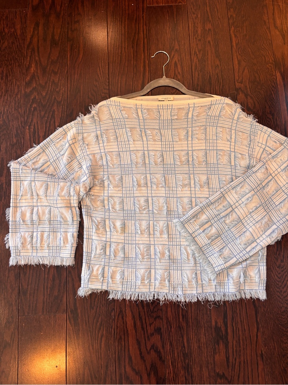 Lafayette 148 New York Cream and Light Blue Plaid Fringe Knit Sweater